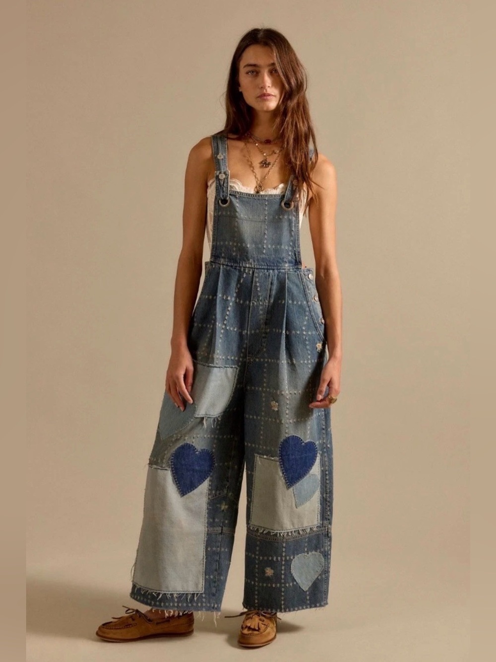 We The Free Patchwork Denim Overalls with Heart Patches - Blue